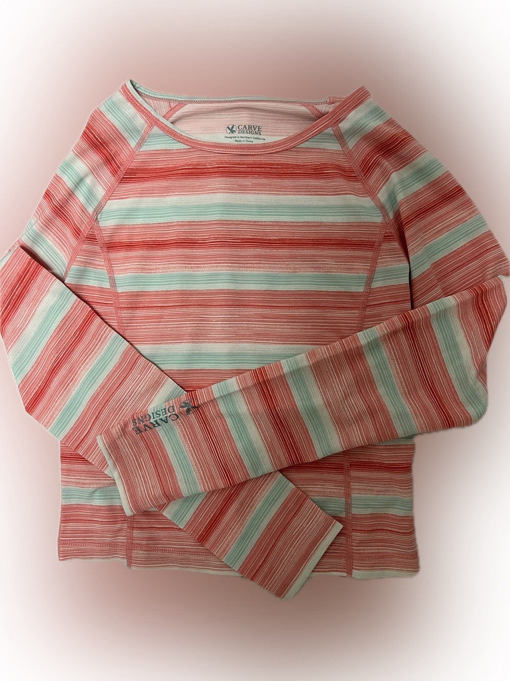 Carve Designs Striped Long Sleeve rashguard in Coral and Mint
